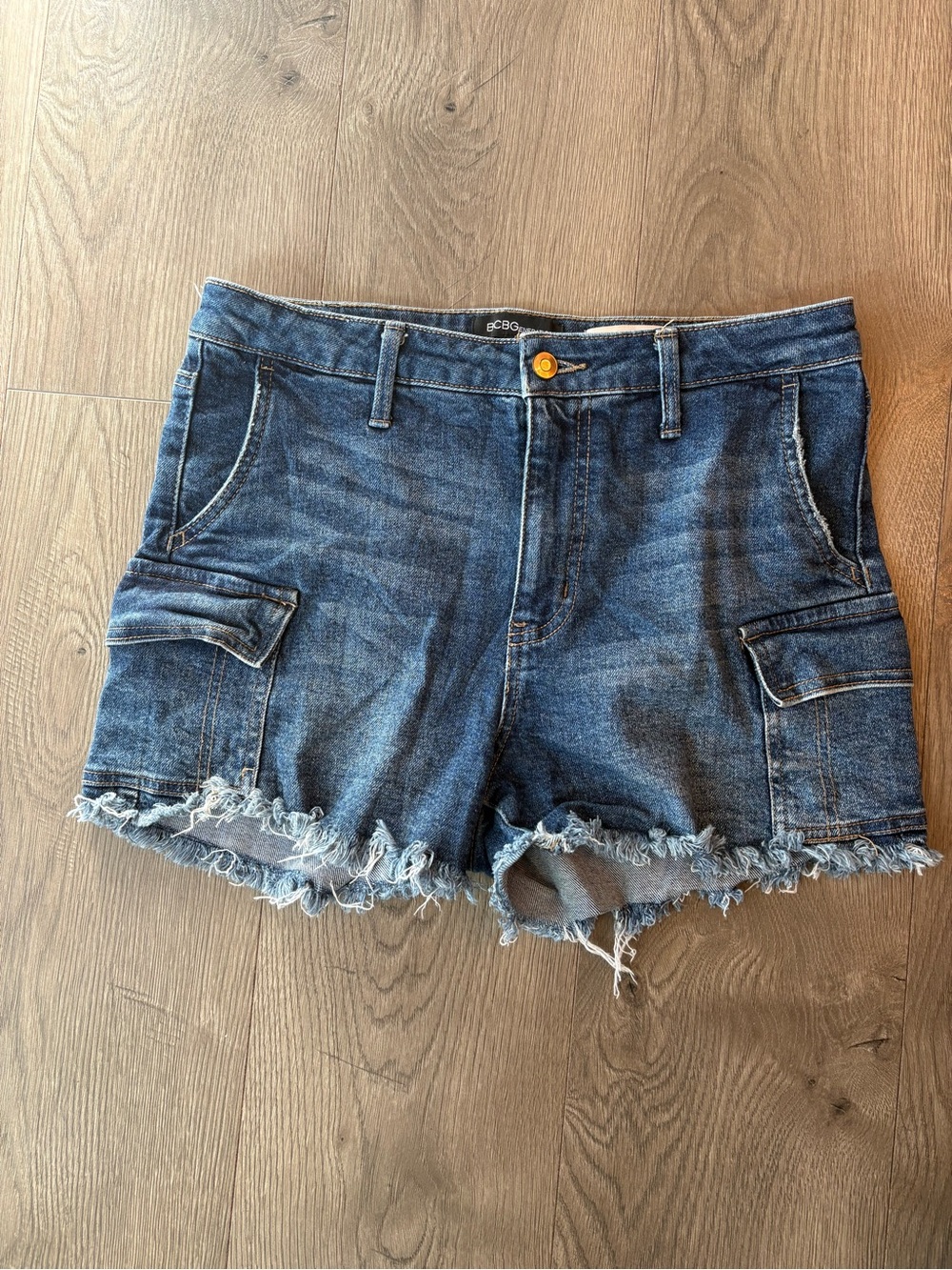 BCBGeneration Blue Denim Cargo Shorts with Frayed Hem